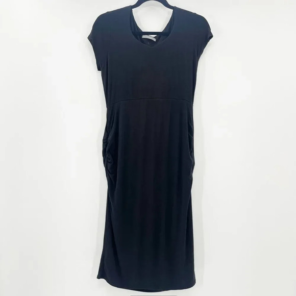 Loveappella‎ Midi Dress Women's Size M Black Cap Sleeve Round Neck Pockets - Picture 1 of 4